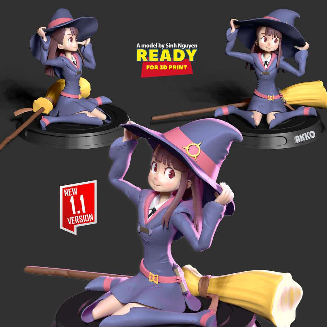 Akko - Little Witch  - Atsuko Kagari (アツコ・カガリ Atsuko Kagari?), more commonly known by her nickname Akko (アッコ?), is the main protagonist of Little Witch Academia.

--Information: this model has a height of 15cm.

When you purchase this model, you will receive:

01. File STL and OBJ with 18 parts are extracted and created key. Ready for 3D printing.
02. ZTL file of Zbrush for you to adjust according to your needs.
- 1st October, 2020: This version is 1.0
- 11th August, 2022: version 1.1 - Fix all models & Merge discrete parts together.
Thanks for your support. - The best files for 3D printing in the world. Stl models divided into parts to facilitate 3D printing. All kinds of characters, decoration, cosplay, prosthetics, pieces. Quality in 3D printing. Affordable 3D models. Low cost. Collective purchases of 3D files.