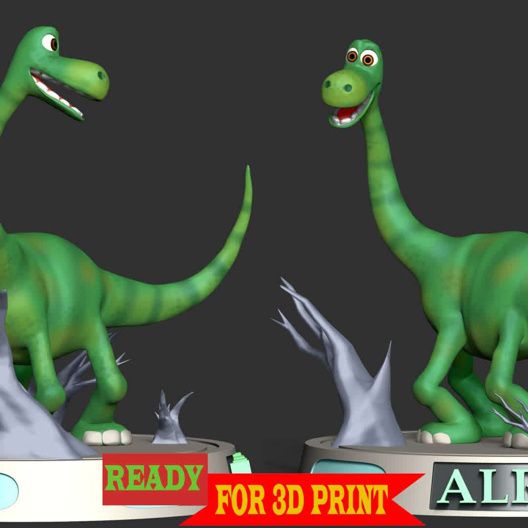 Alro - The Good Dinosaur - Arlo is the protagonist of the 2015 Disney/Pixar animated feature film, The Good Dinosaur. He is a young Apatosaurus living with his parents and older siblings.

These information of this model:

- The model ready for 3D printing.
- The model current size is 20cm height, but you are free to scale it.
- Files format: STL, OBJ (included 02 separated files is ready for 3D printing). 
- Also includes Zbrush original file (ZTL) for you to customize as you like.

Hope you like it.
If you have any questions please don't hesitate to contact me. I will respond you ASAP. - The best files for 3D printing in the world. Stl models divided into parts to facilitate 3D printing. All kinds of characters, decoration, cosplay, prosthetics, pieces. Quality in 3D printing. Affordable 3D models. Low cost. Collective purchases of 3D files.