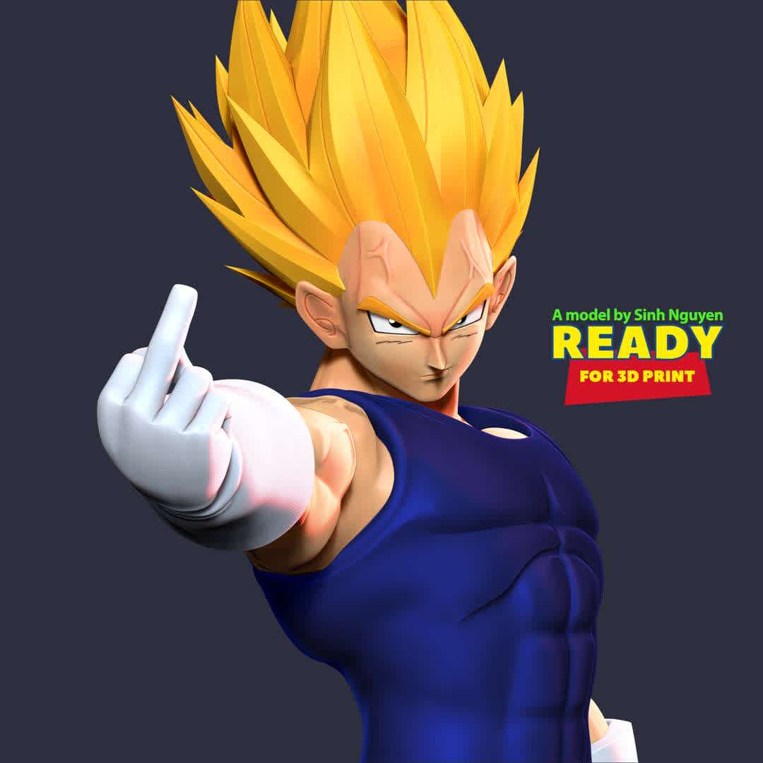 Angry Vegeta - Vegeta: Don't let me get angry!

3D PRINTING SETTINGS
Basic parameters:
1. - STL, OBJ format for 3D printing with 4 discrete objects

2. - ZTL format for Zbrush (version 2019.1.2 or later)
3. - Model height: 25cm
4. - Version:

+ 15th December, 2020: This version is 1.0

+ 3nd October, 2022: version 1.1 - Set the height for the model. Refine the model & Merge discrete parts together.

Thanks for your support. Hope you guys like him! - The best files for 3D printing in the world. Stl models divided into parts to facilitate 3D printing. All kinds of characters, decoration, cosplay, prosthetics, pieces. Quality in 3D printing. Affordable 3D models. Low cost. Collective purchases of 3D files.