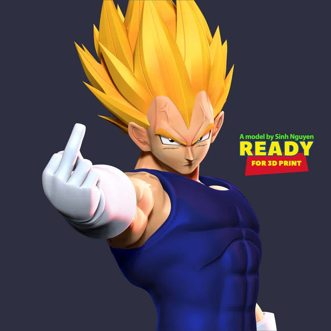 Angry Vegeta - Vegeta: Don't let me get angry!

3D PRINTING SETTINGS
Basic parameters:
1. - STL, OBJ format for 3D printing with 4 discrete objects

2. - ZTL format for Zbrush (version 2019.1.2 or later)
3. - Model height: 25cm
4. - Version:

+ 15th December, 2020: This version is 1.0

+ 3nd October, 2022: version 1.1 - Set the height for the model. Refine the model & Merge discrete parts together.

Thanks for your support. Hope you guys like him! - Os melhores arquivos para impressão 3D do mundo. Modelos stl divididos em partes para facilitar a impressão 3D. Todos os tipos de personagens, decoração, cosplay, próteses, peças. Qualidade na impressão 3D. Modelos 3D com preço acessível. Baixo custo. Compras coletivas de arquivos 3D.