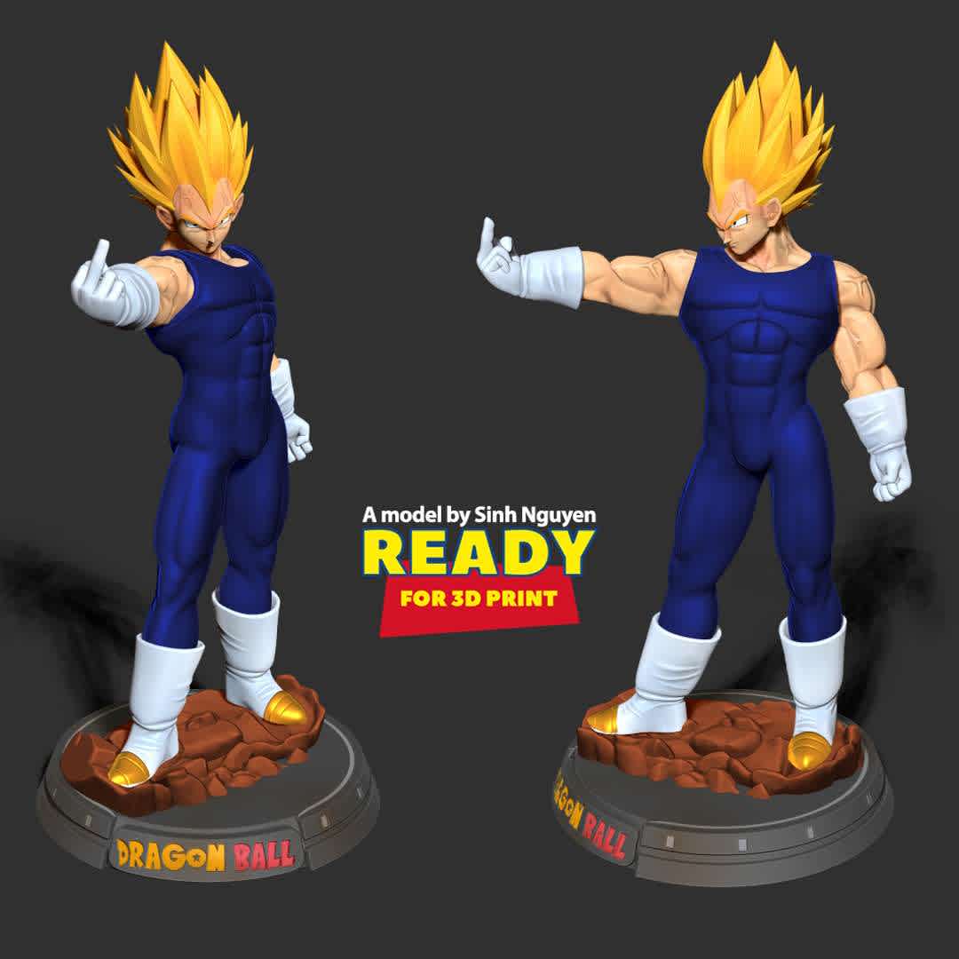 Angry Vegeta - Vegeta: Don't let me get angry!

3D PRINTING SETTINGS
Basic parameters:
1. - STL, OBJ format for 3D printing with 4 discrete objects

2. - ZTL format for Zbrush (version 2019.1.2 or later)
3. - Model height: 25cm
4. - Version:

+ 15th December, 2020: This version is 1.0

+ 3nd October, 2022: version 1.1 - Set the height for the model. Refine the model & Merge discrete parts together.

Thanks for your support. Hope you guys like him! - The best files for 3D printing in the world. Stl models divided into parts to facilitate 3D printing. All kinds of characters, decoration, cosplay, prosthetics, pieces. Quality in 3D printing. Affordable 3D models. Low cost. Collective purchases of 3D files.