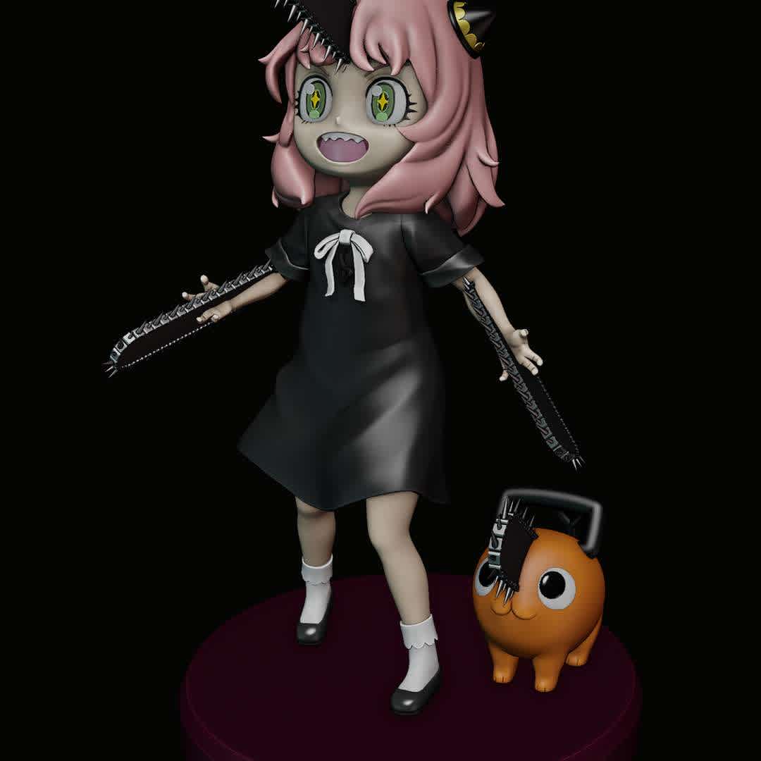 ANYA FORGER AND POCHITA - SPY X FAMILY - CHAINSAW MAN - this is my fan art crossover of Anya and Pochita
i still will make more versions of Anya and crossover from her.
hope u like it,and thanks to support me! (^-^)/

3D model size Pochita:X 28.3mm x Y 57.6mm x Z 51mm
3D model size Anya:X 95.5mm x Y 75.5mm x Z 160mm
3D model size all parts with base:X 108mm x Y 108mm x Z 182mm - The best files for 3D printing in the world. Stl models divided into parts to facilitate 3D printing. All kinds of characters, decoration, cosplay, prosthetics, pieces. Quality in 3D printing. Affordable 3D models. Low cost. Collective purchases of 3D files.