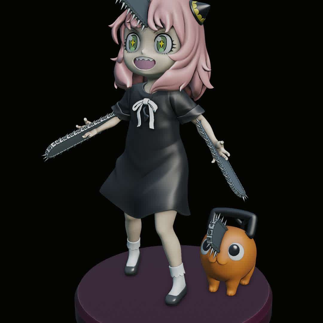 ANYA FORGER AND POCHITA - SPY X FAMILY - CHAINSAW MAN - this is my fan art crossover of Anya and Pochita
i still will make more versions of Anya and crossover from her.
hope u like it,and thanks to support me! (^-^)/

3D model size Pochita:X 28.3mm x Y 57.6mm x Z 51mm
3D model size Anya:X 95.5mm x Y 75.5mm x Z 160mm
3D model size all parts with base:X 108mm x Y 108mm x Z 182mm - The best files for 3D printing in the world. Stl models divided into parts to facilitate 3D printing. All kinds of characters, decoration, cosplay, prosthetics, pieces. Quality in 3D printing. Affordable 3D models. Low cost. Collective purchases of 3D files.