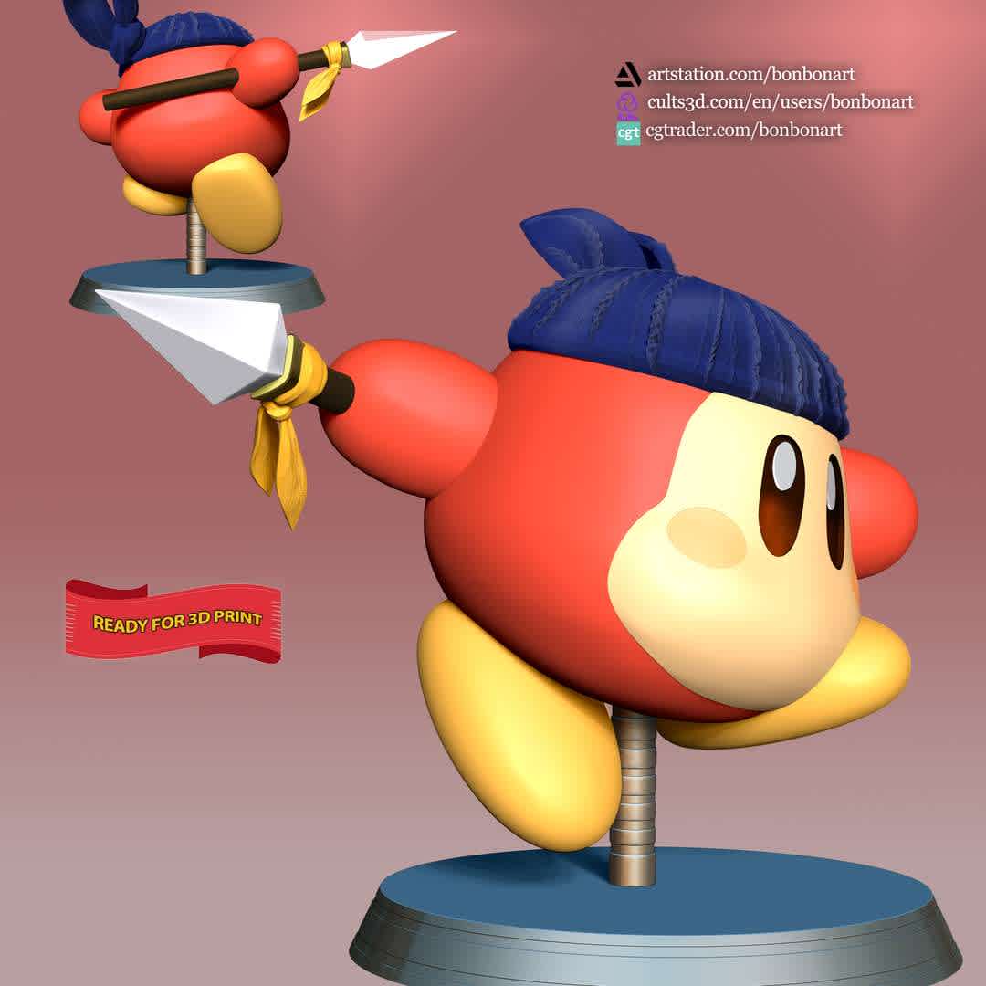 Bandana Waddle Dee - When you purchase this model, you will own:

 - STL, OBJ file with 03 separated files (included key to connect parts) is ready for 3D printing.

 - Zbrush original files (ZTL) for you to customize as you like.

This is version 1.0 of this model.

Thanks for viewing! Hope you like it. - The best files for 3D printing in the world. Stl models divided into parts to facilitate 3D printing. All kinds of characters, decoration, cosplay, prosthetics, pieces. Quality in 3D printing. Affordable 3D models. Low cost. Collective purchases of 3D files.