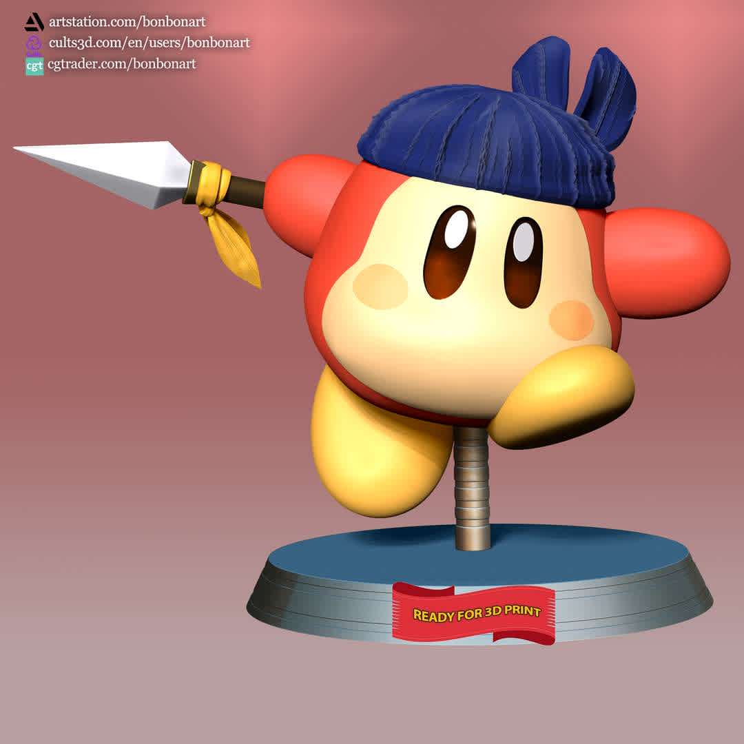 Bandana Waddle Dee - When you purchase this model, you will own:

 - STL, OBJ file with 03 separated files (included key to connect parts) is ready for 3D printing.

 - Zbrush original files (ZTL) for you to customize as you like.

This is version 1.0 of this model.

Thanks for viewing! Hope you like it. - Los mejores archivos para impresión 3D del mundo. Modelos Stl divididos en partes para facilitar la impresión 3D. Todo tipo de personajes, decoración, cosplay, prótesis, piezas. Calidad en impresión 3D. Modelos 3D asequibles. Bajo costo. Compras colectivas de archivos 3D.