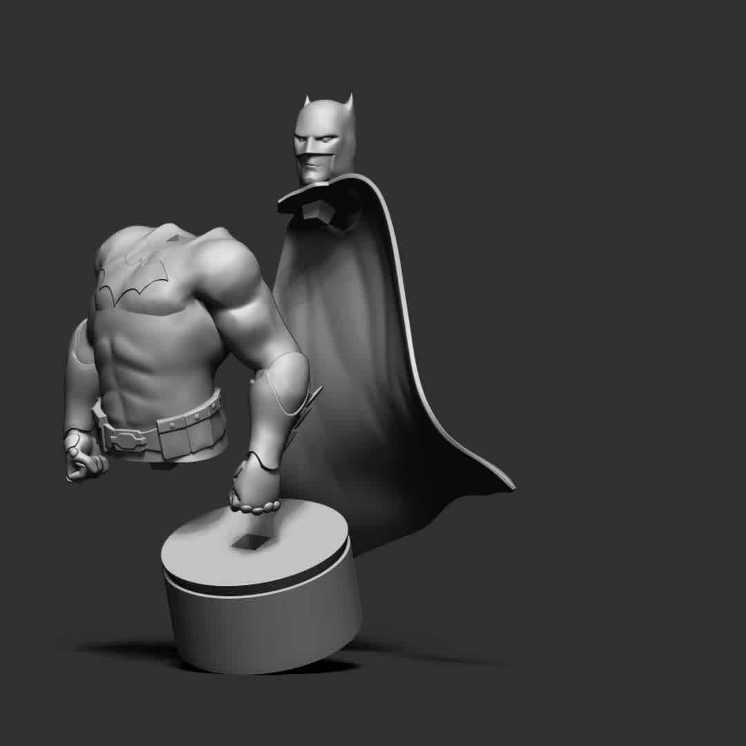 Batman - Bust - **These information basic of this model:**

- The model ready for 3D printing.
- The model current size is 20cm height, but you are free to scale it.
- Files format: STL, OBJ files is ready for 3D printing.
- Also includes Zbrush original file (ZTL) for you to customize as you like.

Hope you like him.
If you have any questions please don't hesitate to contact me. I will respond you ASAP. - The best files for 3D printing in the world. Stl models divided into parts to facilitate 3D printing. All kinds of characters, decoration, cosplay, prosthetics, pieces. Quality in 3D printing. Affordable 3D models. Low cost. Collective purchases of 3D files.