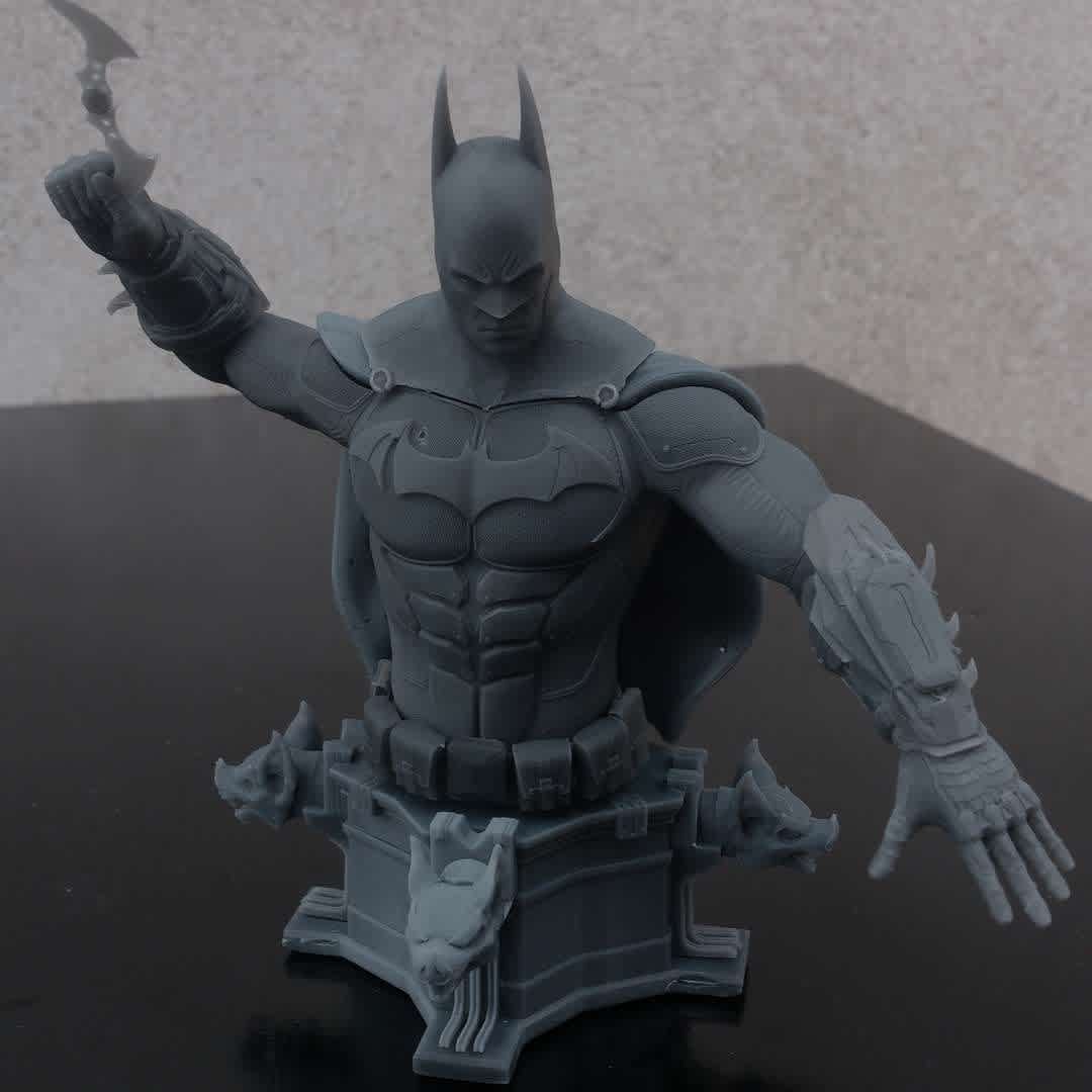 BATMAN 7.43 SUIT BUST (BATMAN ARKHAM KNIGHT) - BATMAN 7.43 Bust 3D printing:  

Bust tested in resin 3d printing, with full scale of 15cm (150mm), in Brazilian national Grey Resin 3D Fila. Even with a small scale I got the detail of the textures applied, i have only one photon mono, but I believe that a larger scale for larger printers or a life size bust will be amazing. I didn't pay attention to some regions of the cape when I didn't put supports on them and I had a retraction, but that doesn't mean that the STL has gaps between the cuts.  

Scale Available: 200mm  - The best files for 3D printing in the world. Stl models divided into parts to facilitate 3D printing. All kinds of characters, decoration, cosplay, prosthetics, pieces. Quality in 3D printing. Affordable 3D models. Low cost. Collective purchases of 3D files.