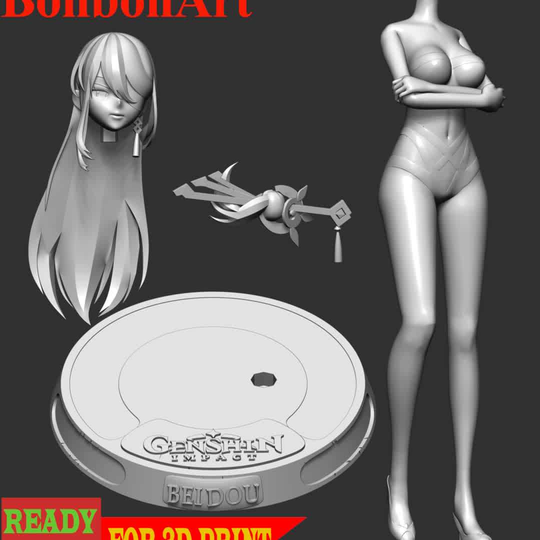 Beidou Genshin Impact - Beidou is a playable Electro character in Genshin Impact.

These information of this model:

 - Files format: STL, OBJ (included 04 separated files is ready for 3D printing). 
 - Zbrush original file (ZTL) for you to customize as you like.
 - The height is 20 cm
 - The version 1.0. 

The model ready for 3D printing.
Hope you like her.
Don't hesitate to contact me if there are any problems during printing the model - The best files for 3D printing in the world. Stl models divided into parts to facilitate 3D printing. All kinds of characters, decoration, cosplay, prosthetics, pieces. Quality in 3D printing. Affordable 3D models. Low cost. Collective purchases of 3D files.