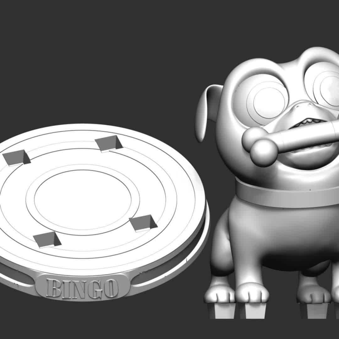 Bingo - Puppy Dog Pals - **Information: The model size: Y:15 -  X:14 - Z:16cm**
When you purchase this model, you will own:
**- STL, OBJ file with 02 separated files (included key to connect parts) is ready for 3D printing.
 - Zbrush original files (ZTL) for you to customize as you like.**

This is version 1.0 of this model.
Thanks for viewing! Hope you like it.
 - The best files for 3D printing in the world. Stl models divided into parts to facilitate 3D printing. All kinds of characters, decoration, cosplay, prosthetics, pieces. Quality in 3D printing. Affordable 3D models. Low cost. Collective purchases of 3D files.