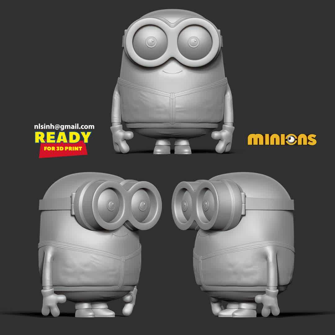 Bob the Minion  - My kids love this Bob character and look forward to seeing the sequel to meet the minions.

- Information: this model has a height of 12cm.

When you purchase this model, you will own:

1. Bob version with and without base.

2. STL, OBJ file with 03 separated files (with key to connect together) is ready for 3D printing.

3. Zbrush original files (ZTL) for you to customize as you like.

This is version 1.0 of this model.

Hope you like him. Please vote positively for me if it is useful to you. Thanks so much!!!! - Los mejores archivos para impresión 3D del mundo. Modelos Stl divididos en partes para facilitar la impresión 3D. Todo tipo de personajes, decoración, cosplay, prótesis, piezas. Calidad en impresión 3D. Modelos 3D asequibles. Bajo costo. Compras colectivas de archivos 3D.