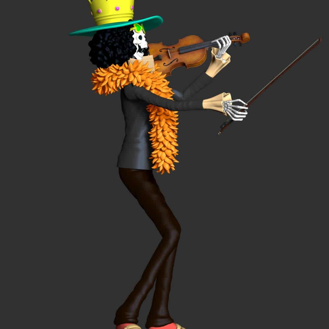 Brook and Violin - One Piece - **Soul King Brook is the musician of the Straw Hat Pirates, one of their two swordsmen, and one of the Senior Officers of the Straw Hat Grand Fleet.**

**The model ready for 3D printing.**

These information of model:

**- The height of current model is 20 cm and you can free to scale it.**

**- Format files: STL, OBJ to supporting 3D printing.**

**- Can be assembled without glue (glue is optional)**

**- Split down to 3 parts**

**- ZTL format for Zbrush for you to customize as you like.**

Please don't hesitate to contact me if you have any issues question.

If you see this model useful, please vote positively for it. - Os melhores arquivos para impressão 3D do mundo. Modelos stl divididos em partes para facilitar a impressão 3D. Todos os tipos de personagens, decoração, cosplay, próteses, peças. Qualidade na impressão 3D. Modelos 3D com preço acessível. Baixo custo. Compras coletivas de arquivos 3D.