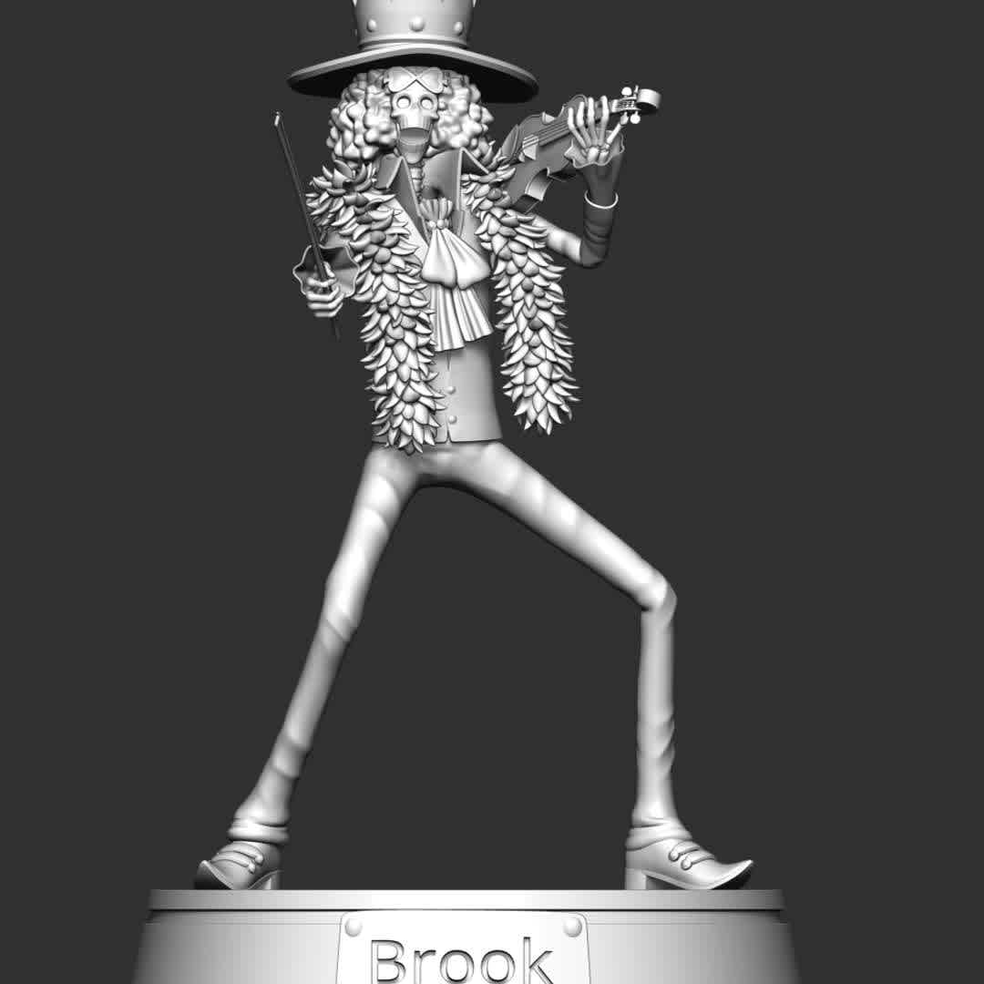 Brook and Violin - One Piece - **Soul King Brook is the musician of the Straw Hat Pirates, one of their two swordsmen, and one of the Senior Officers of the Straw Hat Grand Fleet.**

**The model ready for 3D printing.**

These information of model:

**- The height of current model is 20 cm and you can free to scale it.**

**- Format files: STL, OBJ to supporting 3D printing.**

**- Can be assembled without glue (glue is optional)**

**- Split down to 3 parts**

**- ZTL format for Zbrush for you to customize as you like.**

Please don't hesitate to contact me if you have any issues question.

If you see this model useful, please vote positively for it. - Los mejores archivos para impresión 3D del mundo. Modelos Stl divididos en partes para facilitar la impresión 3D. Todo tipo de personajes, decoración, cosplay, prótesis, piezas. Calidad en impresión 3D. Modelos 3D asequibles. Bajo costo. Compras colectivas de archivos 3D.