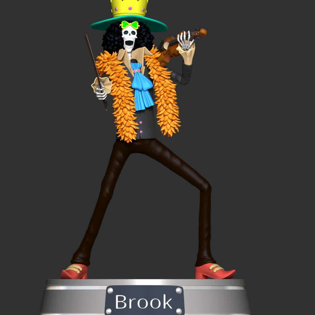 Brook and Violin - One Piece - **Soul King Brook is the musician of the Straw Hat Pirates, one of their two swordsmen, and one of the Senior Officers of the Straw Hat Grand Fleet.**

**The model ready for 3D printing.**

These information of model:

**- The height of current model is 20 cm and you can free to scale it.**

**- Format files: STL, OBJ to supporting 3D printing.**

**- Can be assembled without glue (glue is optional)**

**- Split down to 3 parts**

**- ZTL format for Zbrush for you to customize as you like.**

Please don't hesitate to contact me if you have any issues question.

If you see this model useful, please vote positively for it. - Los mejores archivos para impresión 3D del mundo. Modelos Stl divididos en partes para facilitar la impresión 3D. Todo tipo de personajes, decoración, cosplay, prótesis, piezas. Calidad en impresión 3D. Modelos 3D asequibles. Bajo costo. Compras colectivas de archivos 3D.