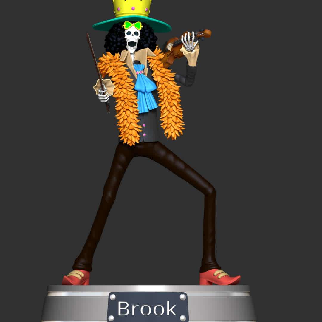 Brook and Violin - One Piece - **Soul King Brook is the musician of the Straw Hat Pirates, one of their two swordsmen, and one of the Senior Officers of the Straw Hat Grand Fleet.**

**The model ready for 3D printing.**

These information of model:

**- The height of current model is 20 cm and you can free to scale it.**

**- Format files: STL, OBJ to supporting 3D printing.**

**- Can be assembled without glue (glue is optional)**

**- Split down to 3 parts**

**- ZTL format for Zbrush for you to customize as you like.**

Please don't hesitate to contact me if you have any issues question.

If you see this model useful, please vote positively for it. - Os melhores arquivos para impressão 3D do mundo. Modelos stl divididos em partes para facilitar a impressão 3D. Todos os tipos de personagens, decoração, cosplay, próteses, peças. Qualidade na impressão 3D. Modelos 3D com preço acessível. Baixo custo. Compras coletivas de arquivos 3D.