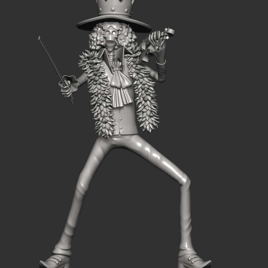 Brook and Violin - One Piece - **Soul King Brook is the musician of the Straw Hat Pirates, one of their two swordsmen, and one of the Senior Officers of the Straw Hat Grand Fleet.**

**The model ready for 3D printing.**

These information of model:

**- The height of current model is 20 cm and you can free to scale it.**

**- Format files: STL, OBJ to supporting 3D printing.**

**- Can be assembled without glue (glue is optional)**

**- Split down to 3 parts**

**- ZTL format for Zbrush for you to customize as you like.**

Please don't hesitate to contact me if you have any issues question.

If you see this model useful, please vote positively for it. - Os melhores arquivos para impressão 3D do mundo. Modelos stl divididos em partes para facilitar a impressão 3D. Todos os tipos de personagens, decoração, cosplay, próteses, peças. Qualidade na impressão 3D. Modelos 3D com preço acessível. Baixo custo. Compras coletivas de arquivos 3D.