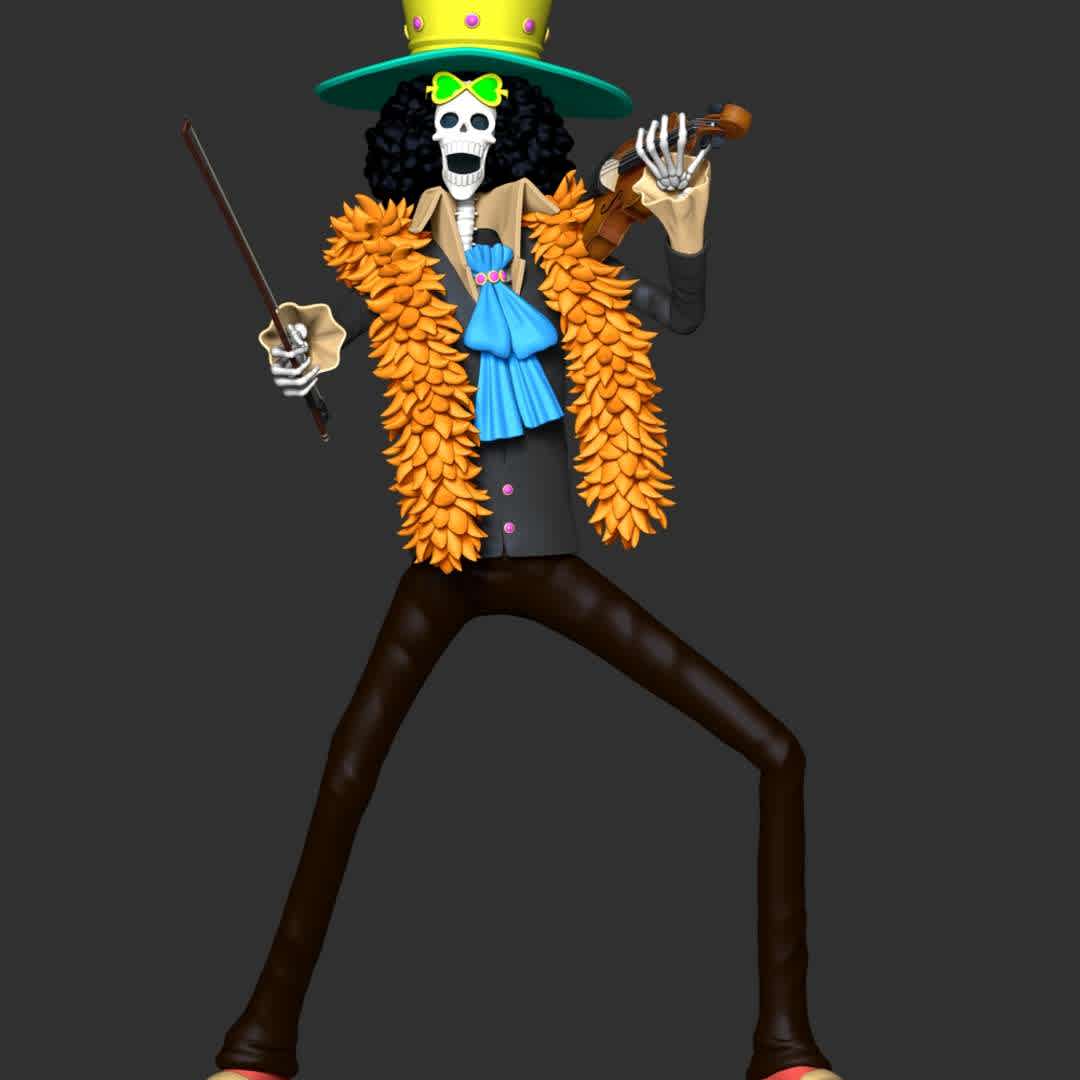 Brook and Violin - One Piece - **Soul King Brook is the musician of the Straw Hat Pirates, one of their two swordsmen, and one of the Senior Officers of the Straw Hat Grand Fleet.**

**The model ready for 3D printing.**

These information of model:

**- The height of current model is 20 cm and you can free to scale it.**

**- Format files: STL, OBJ to supporting 3D printing.**

**- Can be assembled without glue (glue is optional)**

**- Split down to 3 parts**

**- ZTL format for Zbrush for you to customize as you like.**

Please don't hesitate to contact me if you have any issues question.

If you see this model useful, please vote positively for it. - Os melhores arquivos para impressão 3D do mundo. Modelos stl divididos em partes para facilitar a impressão 3D. Todos os tipos de personagens, decoração, cosplay, próteses, peças. Qualidade na impressão 3D. Modelos 3D com preço acessível. Baixo custo. Compras coletivas de arquivos 3D.