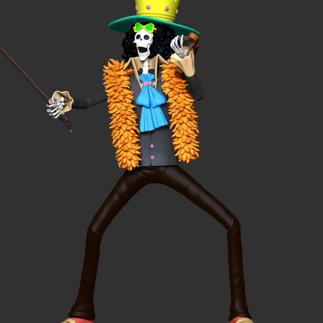 Brook and Violin - One Piece - **Soul King Brook is the musician of the Straw Hat Pirates, one of their two swordsmen, and one of the Senior Officers of the Straw Hat Grand Fleet.**

**The model ready for 3D printing.**

These information of model:

**- The height of current model is 20 cm and you can free to scale it.**

**- Format files: STL, OBJ to supporting 3D printing.**

**- Can be assembled without glue (glue is optional)**

**- Split down to 3 parts**

**- ZTL format for Zbrush for you to customize as you like.**

Please don't hesitate to contact me if you have any issues question.

If you see this model useful, please vote positively for it. - Los mejores archivos para impresión 3D del mundo. Modelos Stl divididos en partes para facilitar la impresión 3D. Todo tipo de personajes, decoración, cosplay, prótesis, piezas. Calidad en impresión 3D. Modelos 3D asequibles. Bajo costo. Compras colectivas de archivos 3D.