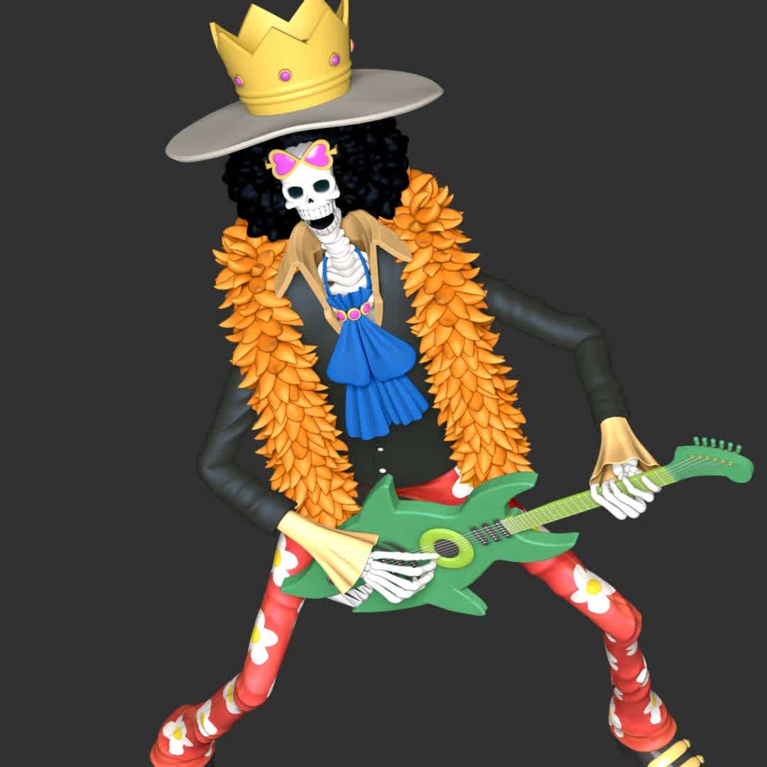 Brook - One Piece - **Soul King Brook is the musician of the Straw Hat Pirates, one of their two swordsmen, and one of the Senior Officers of the Straw Hat Grand Fleet.**

**The model ready for 3D printing.**

These information of model:

**- The height of current model is 20 cm and you can free to scale it.**

**- Format files: STL, OBJ to supporting 3D printing.**

**- Can be assembled without glue (glue is optional)**

**- Split down to 6 parts**

Please don't hesitate to contact me if you have any issues question. - The best files for 3D printing in the world. Stl models divided into parts to facilitate 3D printing. All kinds of characters, decoration, cosplay, prosthetics, pieces. Quality in 3D printing. Affordable 3D models. Low cost. Collective purchases of 3D files.