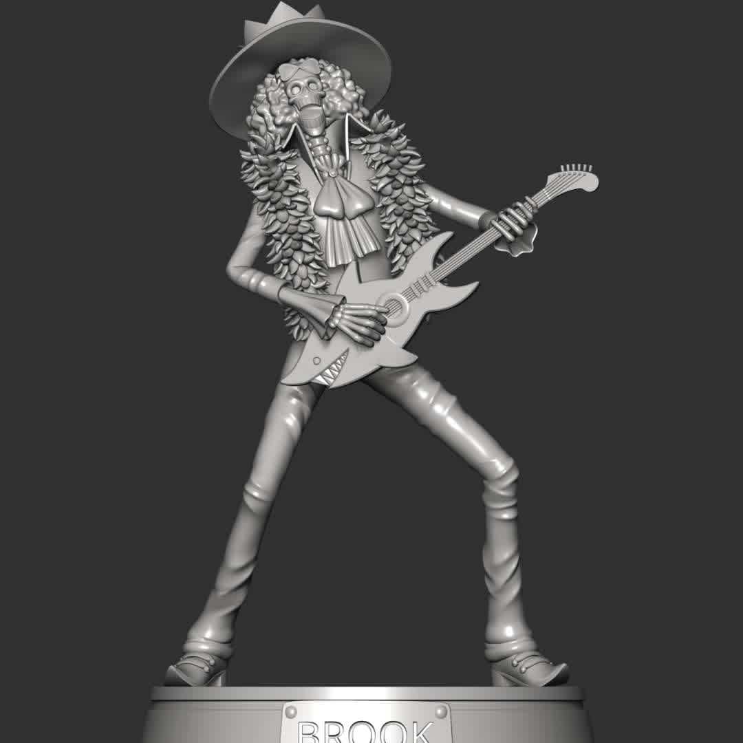 Brook - One Piece - **Soul King Brook is the musician of the Straw Hat Pirates, one of their two swordsmen, and one of the Senior Officers of the Straw Hat Grand Fleet.**

**The model ready for 3D printing.**

These information of model:

**- The height of current model is 20 cm and you can free to scale it.**

**- Format files: STL, OBJ to supporting 3D printing.**

**- Can be assembled without glue (glue is optional)**

**- Split down to 6 parts**

Please don't hesitate to contact me if you have any issues question. - The best files for 3D printing in the world. Stl models divided into parts to facilitate 3D printing. All kinds of characters, decoration, cosplay, prosthetics, pieces. Quality in 3D printing. Affordable 3D models. Low cost. Collective purchases of 3D files.