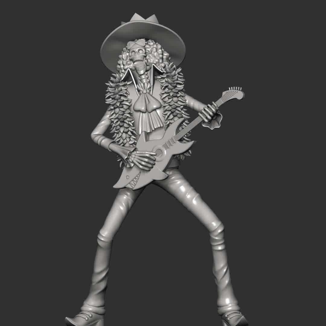 Brook - One Piece - **Soul King Brook is the musician of the Straw Hat Pirates, one of their two swordsmen, and one of the Senior Officers of the Straw Hat Grand Fleet.**

**The model ready for 3D printing.**

These information of model:

**- The height of current model is 20 cm and you can free to scale it.**

**- Format files: STL, OBJ to supporting 3D printing.**

**- Can be assembled without glue (glue is optional)**

**- Split down to 6 parts**

Please don't hesitate to contact me if you have any issues question. - The best files for 3D printing in the world. Stl models divided into parts to facilitate 3D printing. All kinds of characters, decoration, cosplay, prosthetics, pieces. Quality in 3D printing. Affordable 3D models. Low cost. Collective purchases of 3D files.