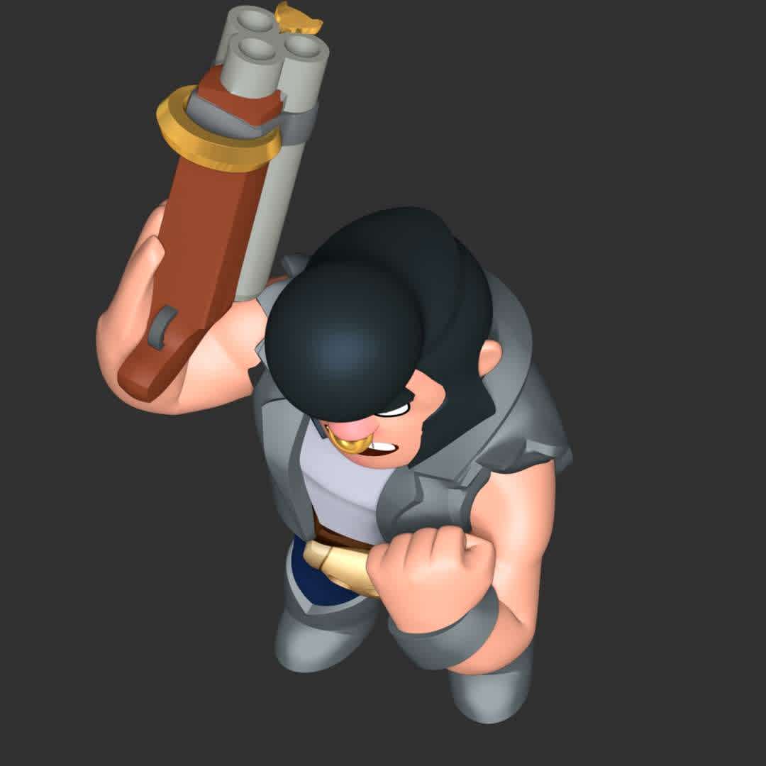 Bull - Brawl Stars - **Bull is a Rare Brawler who has high health, a fast movement speed, and a high damage output at close range**

**The model ready for 3D printing.**

These information of model:

**- Format files: STL, OBJ to supporting 3D printing.**

**- Can be assembled without glue (glue is optional)**

**- Split down to 2 parts**

**- The height of current model is 20 cm and you can free to scale it.**

**- ZTL format for Zbrush for you to customize as you like.**

Please don't hesitate to contact me if you have any issues question.

If you see this model useful, please vote positively for it.
 - The best files for 3D printing in the world. Stl models divided into parts to facilitate 3D printing. All kinds of characters, decoration, cosplay, prosthetics, pieces. Quality in 3D printing. Affordable 3D models. Low cost. Collective purchases of 3D files.