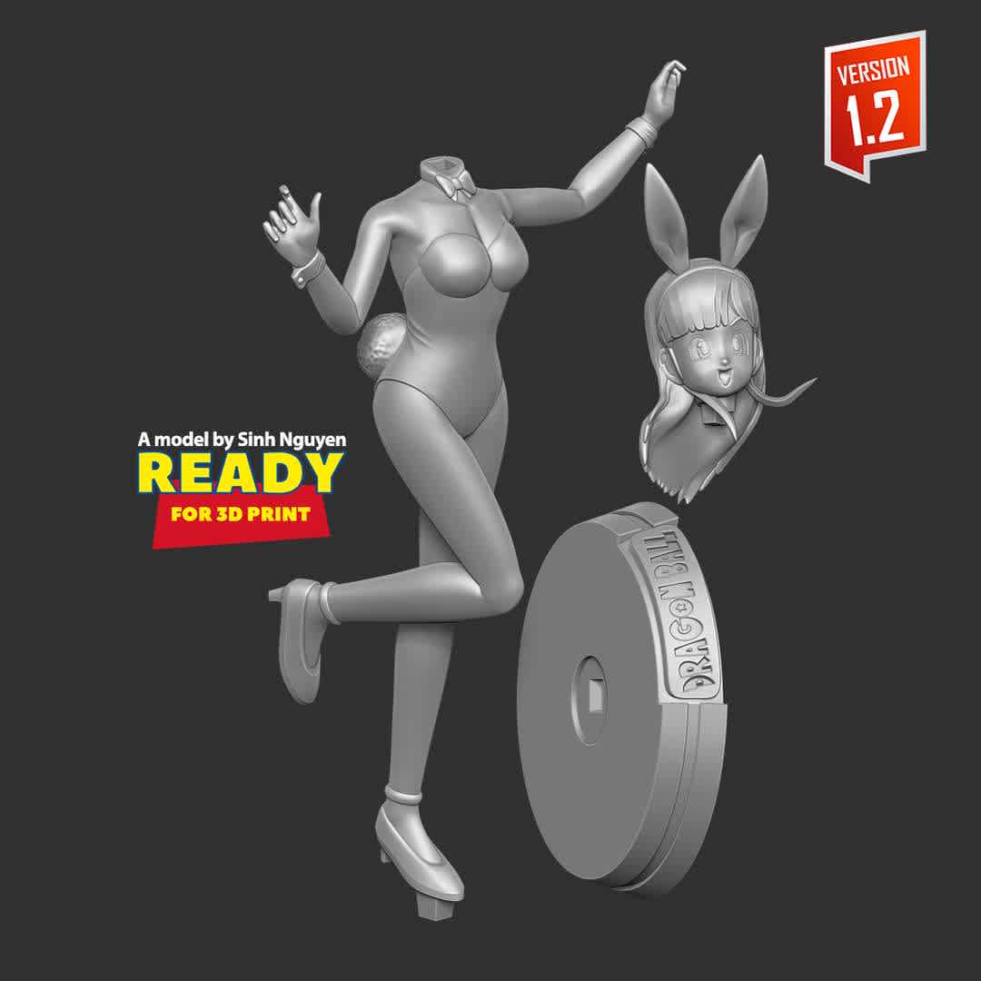 Bulma - Dragon Ball Fanart - Bulma is a character in the Dragon Ball manga series created by Akira Toriyama.

Basic parameters:

- STL, OBJ format for 3D printing with 03 discrete objects
- ZTL format for Zbrush (version 2019.1.2 or later)
- Model height: 25cm
- Version:
+ 06th May, 2020: This version is 1.0

+ 17th December, 2022: version 1.2 - Set the height for the model. Refine the model & Merge discrete parts together.

Thanks for your support. Hope you guys like her! - The best files for 3D printing in the world. Stl models divided into parts to facilitate 3D printing. All kinds of characters, decoration, cosplay, prosthetics, pieces. Quality in 3D printing. Affordable 3D models. Low cost. Collective purchases of 3D files.