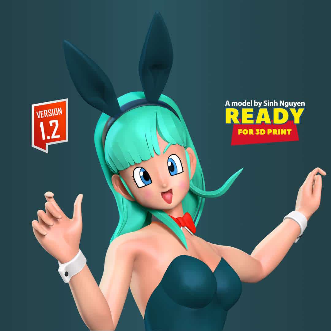 Bulma - Dragon Ball Fanart - Bulma is a character in the Dragon Ball manga series created by Akira Toriyama.

Basic parameters:

- STL, OBJ format for 3D printing with 03 discrete objects
- ZTL format for Zbrush (version 2019.1.2 or later)
- Model height: 25cm
- Version:
+ 06th May, 2020: This version is 1.0

+ 17th December, 2022: version 1.2 - Set the height for the model. Refine the model & Merge discrete parts together.

Thanks for your support. Hope you guys like her! - The best files for 3D printing in the world. Stl models divided into parts to facilitate 3D printing. All kinds of characters, decoration, cosplay, prosthetics, pieces. Quality in 3D printing. Affordable 3D models. Low cost. Collective purchases of 3D files.