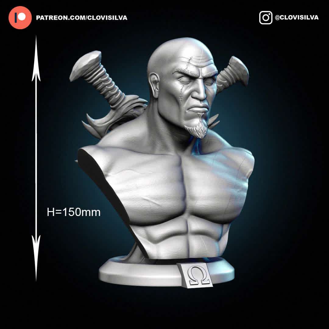 KRATOS BUST - The 3D model is primed and ready for 3D printing. Print test performed on the Creality LD-006 printer. Contents: STL file in Winrar to unzip.

Approximate Height: 150mm

Tip for a good impression:

Make sure your printer is calibrated Use the correct timing for your resin/printer After printing, wash the piece and remove the supports by hand or with the aid of pliers, remove carefully Cure your parts Finish your piece with sandpaper Paint your piece and make your collection. Thank you very much. Hope you like it! ;D

Thank you for downloading and supporting! Please remember to rate my work ! thanks! - Os melhores arquivos para impressão 3D do mundo. Modelos stl divididos em partes para facilitar a impressão 3D. Todos os tipos de personagens, decoração, cosplay, próteses, peças. Qualidade na impressão 3D. Modelos 3D com preço acessível. Baixo custo. Compras coletivas de arquivos 3D.