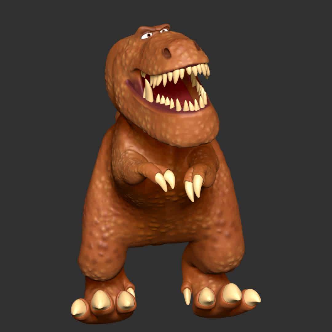 Butch - The Good Dinosaur - **Butch is a rugged and intimidating Tyrannosaurus Rex—showcased by the gruesome scar across his face.**

**The model ready for 3D printing.**

These information of model:

**- Format files: STL, OBJ to supporting 3D printing.**

**- Can be assembled without glue (glue is optional)**

**- Split down to 2 parts**

**- The height of current model is 20 cm and you can free to scale it.**

**- ZTL format for Zbrush for you to customize as you like.**

Please don't hesitate to contact me if you have any issues question.
If you see this model useful, please vote positively for it. - Los mejores archivos para impresión 3D del mundo. Modelos Stl divididos en partes para facilitar la impresión 3D. Todo tipo de personajes, decoración, cosplay, prótesis, piezas. Calidad en impresión 3D. Modelos 3D asequibles. Bajo costo. Compras colectivas de archivos 3D.