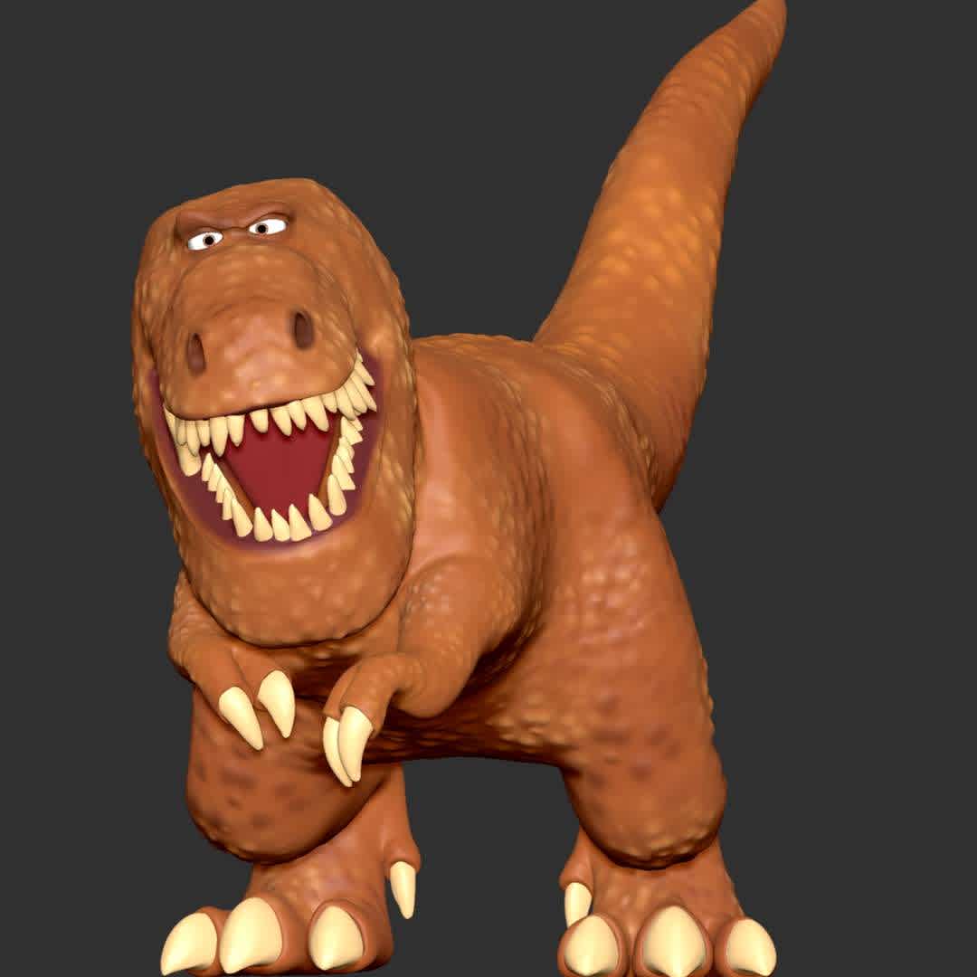 Butch - The Good Dinosaur - **Butch is a rugged and intimidating Tyrannosaurus Rex—showcased by the gruesome scar across his face.**

**The model ready for 3D printing.**

These information of model:

**- Format files: STL, OBJ to supporting 3D printing.**

**- Can be assembled without glue (glue is optional)**

**- Split down to 2 parts**

**- The height of current model is 20 cm and you can free to scale it.**

**- ZTL format for Zbrush for you to customize as you like.**

Please don't hesitate to contact me if you have any issues question.
If you see this model useful, please vote positively for it. - Los mejores archivos para impresión 3D del mundo. Modelos Stl divididos en partes para facilitar la impresión 3D. Todo tipo de personajes, decoración, cosplay, prótesis, piezas. Calidad en impresión 3D. Modelos 3D asequibles. Bajo costo. Compras colectivas de archivos 3D.