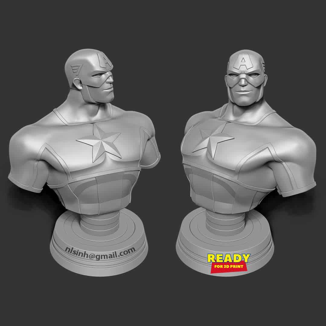 Captain America - Bust - Captain America is a fictional superhero appearing in American comic books published by Marvel Comics.

I have divided the individual parts to make it easy for 3D printing:

- OBJ, STL files are ready for 3D printing.

- Zbrush original files (ZTL, ZPR) for you to customize as you like.

- 24th March, 2020: This is version 1.0 of this model.

- 1st September, 2021: version 1.2 - Fix the entire model to be ready for 3D printing.

Thanks so much for viewing my model! Hope you guys like him :) - Os melhores arquivos para impressão 3D do mundo. Modelos stl divididos em partes para facilitar a impressão 3D. Todos os tipos de personagens, decoração, cosplay, próteses, peças. Qualidade na impressão 3D. Modelos 3D com preço acessível. Baixo custo. Compras coletivas de arquivos 3D.