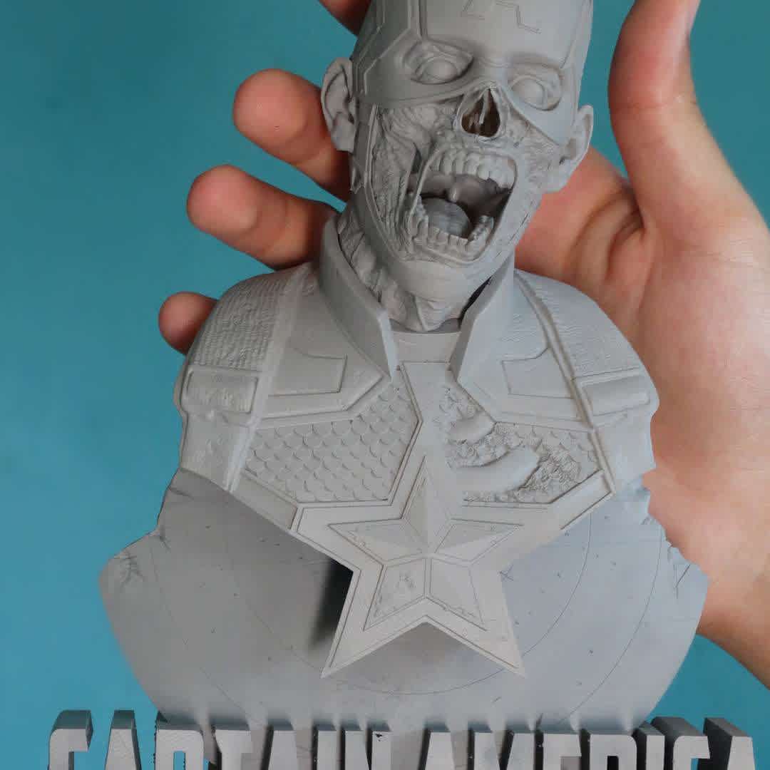 Captain America Zombie - Captain America Zombie, 200mm high 3D printing bust.

This STL and the resulting printout are for the purchaser's personal use only, and you are not permitted to modify, share or resell my work (Digital or Physical). Please support the artist and his works. - Los mejores archivos para impresión 3D del mundo. Modelos Stl divididos en partes para facilitar la impresión 3D. Todo tipo de personajes, decoración, cosplay, prótesis, piezas. Calidad en impresión 3D. Modelos 3D asequibles. Bajo costo. Compras colectivas de archivos 3D.