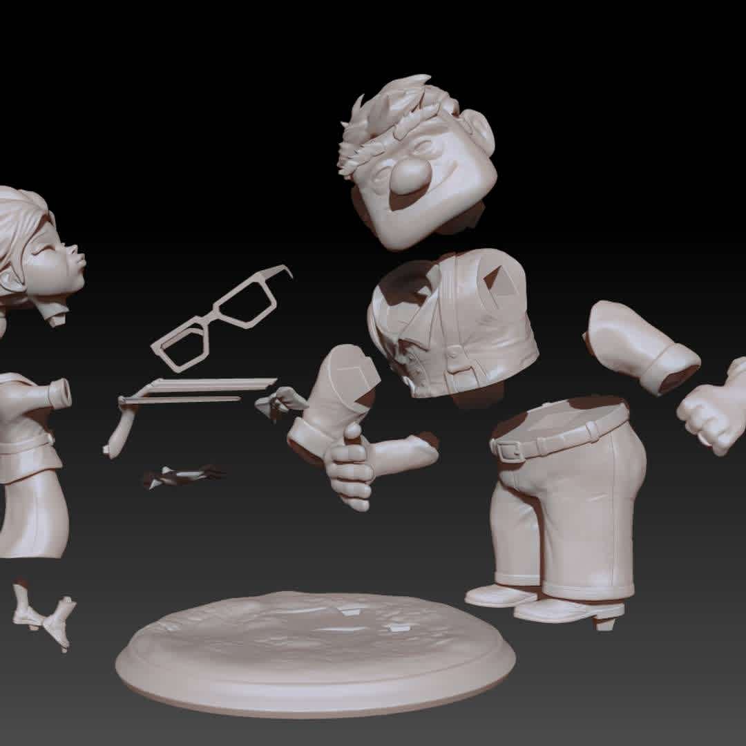 CARL AND ELLIE 3D PRINT MODEL STL - Carl and Ellie 3D print model Carl and Ellie Young are fictional characters from the animated film Up produced by Pixar Animation Studios. They are the main characters of the film and their story follows their relationship from childhood to old age.

Carl and Ellie first met as children and bonded over their shared admiration for the adventurer Charles Muntz. They eventually get married and aspire to travel to Paradise Falls in South America, but they are unable to fulfill their dream due to financial struggles and unexpected life events.

In their later years, Ellie passes away and Carl becomes a grumpy and isolated old man who refuses to leave his home. However, after a series of events, including an accidental flight to South America via thousands of balloons tied to his house, Carl learns to let go of his past grief and adventure on his own.

The story of Carl and Ellie is heartfelt and touching, and it emphasizes the power of love, loss, and friendship. Their story inspires the viewer to cherish life and value relationships, regardless of the challenges that arise.

Enjoy 3d file ready to print
_ stl
_ obj
_ fbx
- ply
-goz
- ztl
_Thanks for review

3D PRINTING SETTINGS
4hour  - Los mejores archivos para impresión 3D del mundo. Modelos Stl divididos en partes para facilitar la impresión 3D. Todo tipo de personajes, decoración, cosplay, prótesis, piezas. Calidad en impresión 3D. Modelos 3D asequibles. Bajo costo. Compras colectivas de archivos 3D.