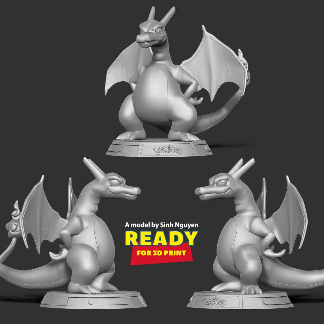 Charizard - Pokemon Unite - Charizard listing detailing all moves, stats and abilities for it in Pokémon Unite for Nintendo Switch, iOS and Android.

Basic parameters:

- STL, OBJ format for 3D printing with 2 discrete objects
- ZTL format for Zbrush (version 2019.1.2 or later)
- Model height: 20cm
- Version 1.0 - Polygons: 1058359 & Vertices: 638166

Model ready for 3D printing.

Hope you like him. Thanks for viewing! - Los mejores archivos para impresión 3D del mundo. Modelos Stl divididos en partes para facilitar la impresión 3D. Todo tipo de personajes, decoración, cosplay, prótesis, piezas. Calidad en impresión 3D. Modelos 3D asequibles. Bajo costo. Compras colectivas de archivos 3D.