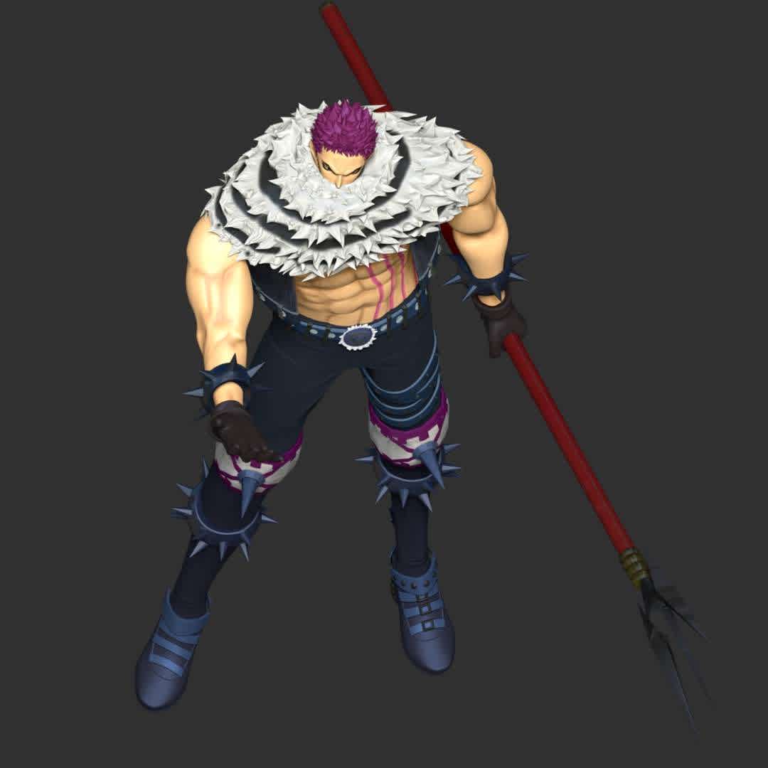 Charlotte Katakuri - One Piece - ** Charlotte Katakuri is the second son and third child of the Charlotte Family and the elder triplet brother of Daifuku and Oven. He is also one of the Three Sweet Commanders of the Big Mom Pirates **

**The model ready for 3D printing.**

These information of model:

**- Format files: STL, OBJ to supporting 3D printing.**

**- Can be assembled without glue (glue is optional)**

**- Split down to 3 parts**

**- The height of current model is 20 cm and you can free to scale it.**

**- ZTL format for Zbrush for you to customize as you like.**

Please don't hesitate to contact me if you have any issues question.

If you see this model useful, please vote positively for it. - The best files for 3D printing in the world. Stl models divided into parts to facilitate 3D printing. All kinds of characters, decoration, cosplay, prosthetics, pieces. Quality in 3D printing. Affordable 3D models. Low cost. Collective purchases of 3D files.