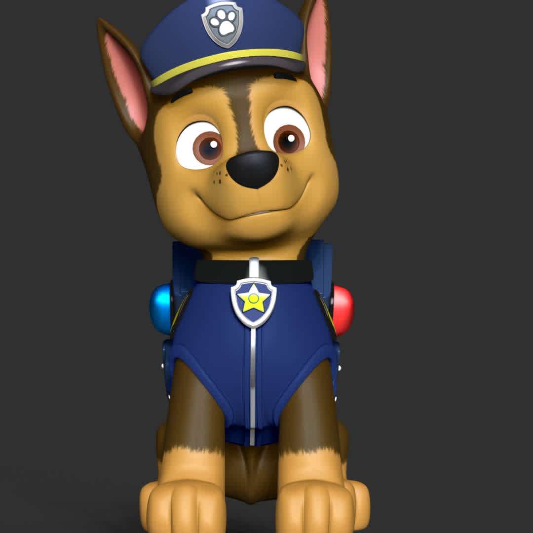 Chase - **Chase is main protagonists in the PAW Patrol. He is a police and traffic cop dog and a super spy police dog.**

These information of model:

**- The height of current model is 30 cm and you can free to scale it.**

**- Format files: STL, OBJ to supporting 3D printing.**

Please don't hesitate to contact me if you have any issues question. - Los mejores archivos para impresión 3D del mundo. Modelos Stl divididos en partes para facilitar la impresión 3D. Todo tipo de personajes, decoración, cosplay, prótesis, piezas. Calidad en impresión 3D. Modelos 3D asequibles. Bajo costo. Compras colectivas de archivos 3D.