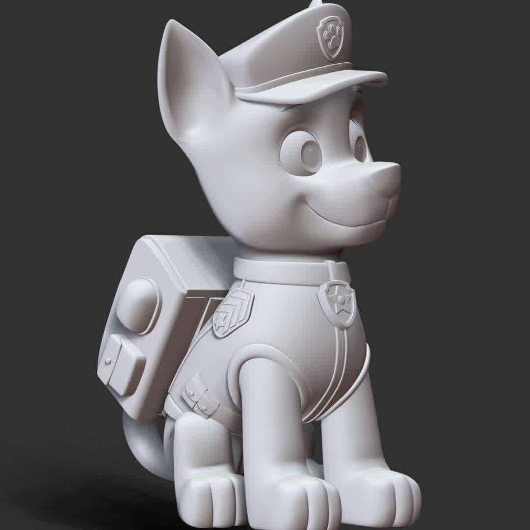 Chase - **Chase is main protagonists in the PAW Patrol. He is a police and traffic cop dog and a super spy police dog.**

These information of model:

**- The height of current model is 30 cm and you can free to scale it.**

**- Format files: STL, OBJ to supporting 3D printing.**

Please don't hesitate to contact me if you have any issues question. - The best files for 3D printing in the world. Stl models divided into parts to facilitate 3D printing. All kinds of characters, decoration, cosplay, prosthetics, pieces. Quality in 3D printing. Affordable 3D models. Low cost. Collective purchases of 3D files.