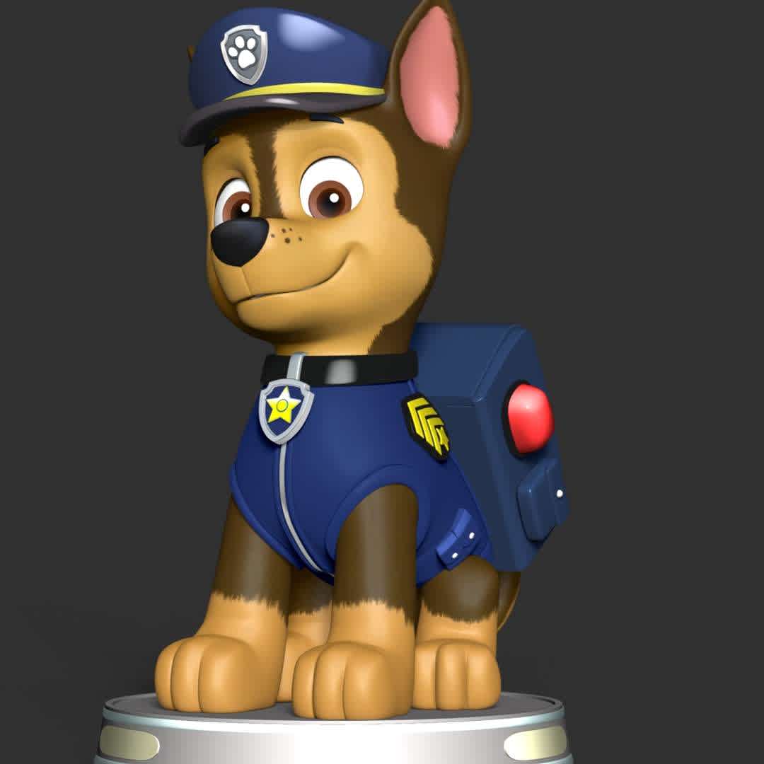 Chase - **Chase is main protagonists in the PAW Patrol. He is a police and traffic cop dog and a super spy police dog.**

These information of model:

**- The height of current model is 30 cm and you can free to scale it.**

**- Format files: STL, OBJ to supporting 3D printing.**

Please don't hesitate to contact me if you have any issues question. - The best files for 3D printing in the world. Stl models divided into parts to facilitate 3D printing. All kinds of characters, decoration, cosplay, prosthetics, pieces. Quality in 3D printing. Affordable 3D models. Low cost. Collective purchases of 3D files.
