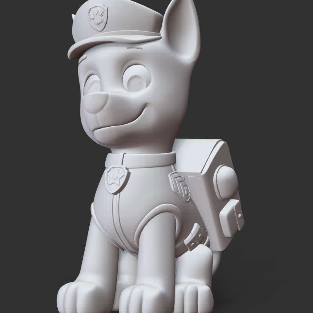 Chase - **Chase is main protagonists in the PAW Patrol. He is a police and traffic cop dog and a super spy police dog.**

These information of model:

**- The height of current model is 30 cm and you can free to scale it.**

**- Format files: STL, OBJ to supporting 3D printing.**

Please don't hesitate to contact me if you have any issues question. - Los mejores archivos para impresión 3D del mundo. Modelos Stl divididos en partes para facilitar la impresión 3D. Todo tipo de personajes, decoración, cosplay, prótesis, piezas. Calidad en impresión 3D. Modelos 3D asequibles. Bajo costo. Compras colectivas de archivos 3D.