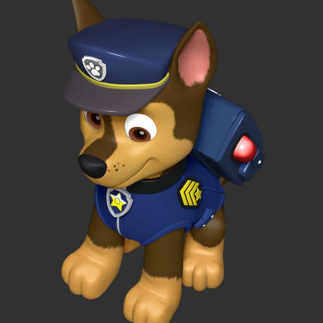 Chase - **Chase is main protagonists in the PAW Patrol. He is a police and traffic cop dog and a super spy police dog.**

These information of model:

**- The height of current model is 30 cm and you can free to scale it.**

**- Format files: STL, OBJ to supporting 3D printing.**

Please don't hesitate to contact me if you have any issues question. - The best files for 3D printing in the world. Stl models divided into parts to facilitate 3D printing. All kinds of characters, decoration, cosplay, prosthetics, pieces. Quality in 3D printing. Affordable 3D models. Low cost. Collective purchases of 3D files.