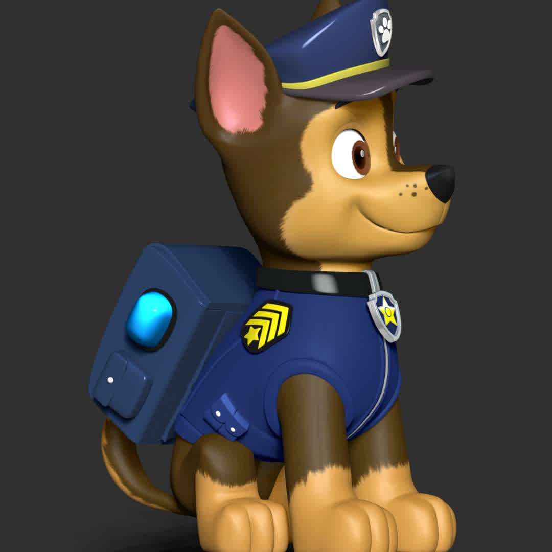 Chase - **Chase is main protagonists in the PAW Patrol. He is a police and traffic cop dog and a super spy police dog.**

These information of model:

**- The height of current model is 30 cm and you can free to scale it.**

**- Format files: STL, OBJ to supporting 3D printing.**

Please don't hesitate to contact me if you have any issues question. - Los mejores archivos para impresión 3D del mundo. Modelos Stl divididos en partes para facilitar la impresión 3D. Todo tipo de personajes, decoración, cosplay, prótesis, piezas. Calidad en impresión 3D. Modelos 3D asequibles. Bajo costo. Compras colectivas de archivos 3D.