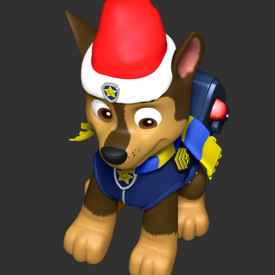 Chase Christmas - Paw Patrol - **Let's celebrate Christmas with Chase Paw Patrol**

These information of model:

**- The height of current model is 20 cm and you can free to scale it.**

**- Format files: STL, OBJ to supporting 3D printing.**

Please don't hesitate to contact me if you have any issues question. - The best files for 3D printing in the world. Stl models divided into parts to facilitate 3D printing. All kinds of characters, decoration, cosplay, prosthetics, pieces. Quality in 3D printing. Affordable 3D models. Low cost. Collective purchases of 3D files.