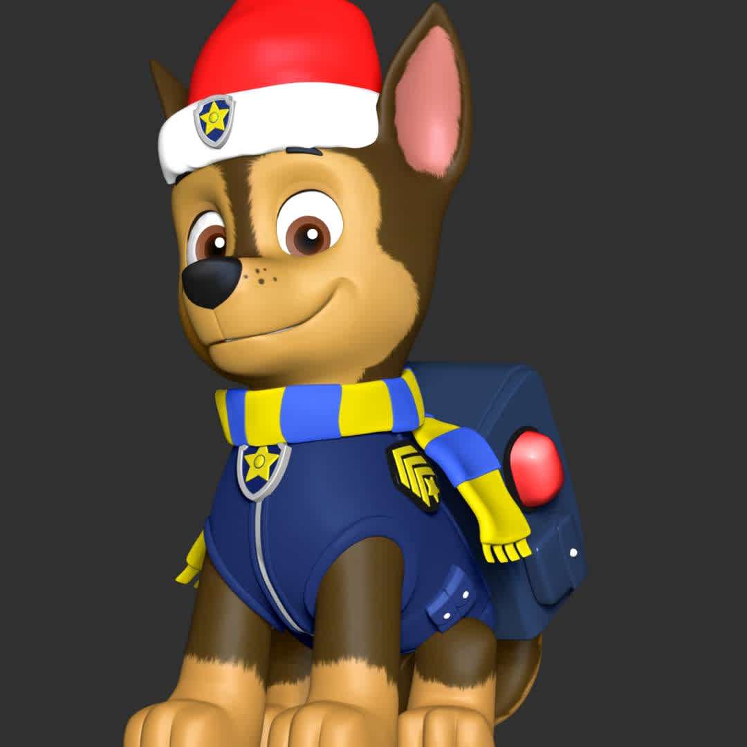 Chase Christmas - Paw Patrol - **Let's celebrate Christmas with Chase Paw Patrol**

These information of model:

**- The height of current model is 20 cm and you can free to scale it.**

**- Format files: STL, OBJ to supporting 3D printing.**

Please don't hesitate to contact me if you have any issues question. - The best files for 3D printing in the world. Stl models divided into parts to facilitate 3D printing. All kinds of characters, decoration, cosplay, prosthetics, pieces. Quality in 3D printing. Affordable 3D models. Low cost. Collective purchases of 3D files.