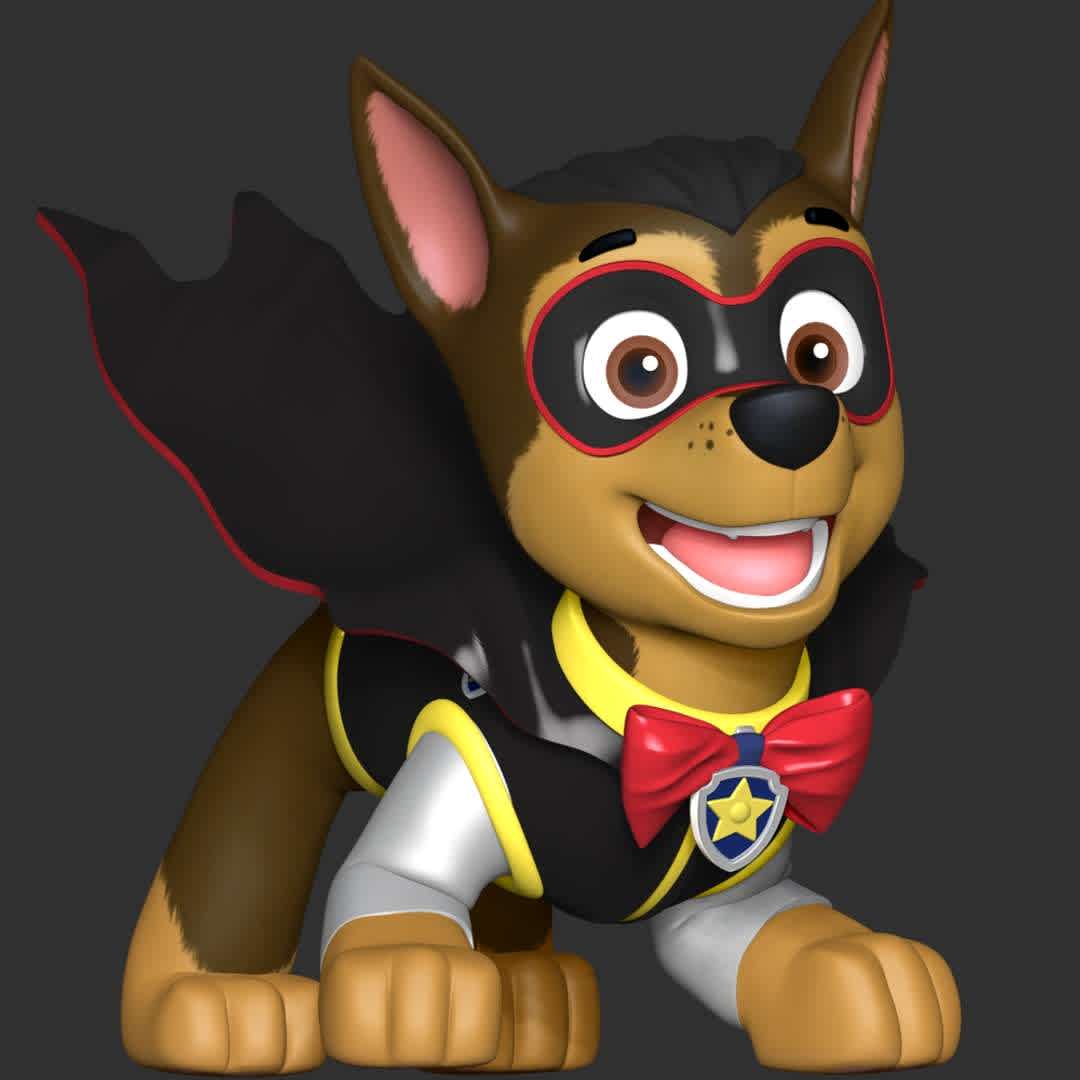 Chase Halloween - Paw Patrol - These information of model:

**- The height of current model is 20 cm and you can free to scale it.**

**- Format files: STL, OBJ to supporting 3D printing.**

Please don't hesitate to contact me if you have any issues question. - The best files for 3D printing in the world. Stl models divided into parts to facilitate 3D printing. All kinds of characters, decoration, cosplay, prosthetics, pieces. Quality in 3D printing. Affordable 3D models. Low cost. Collective purchases of 3D files.