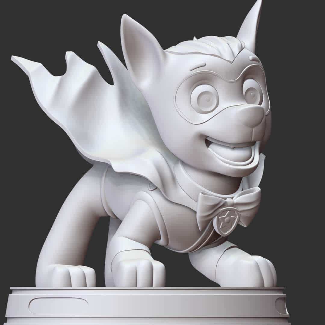 Chase Halloween - Paw Patrol - These information of model:

**- The height of current model is 20 cm and you can free to scale it.**

**- Format files: STL, OBJ to supporting 3D printing.**

Please don't hesitate to contact me if you have any issues question. - The best files for 3D printing in the world. Stl models divided into parts to facilitate 3D printing. All kinds of characters, decoration, cosplay, prosthetics, pieces. Quality in 3D printing. Affordable 3D models. Low cost. Collective purchases of 3D files.