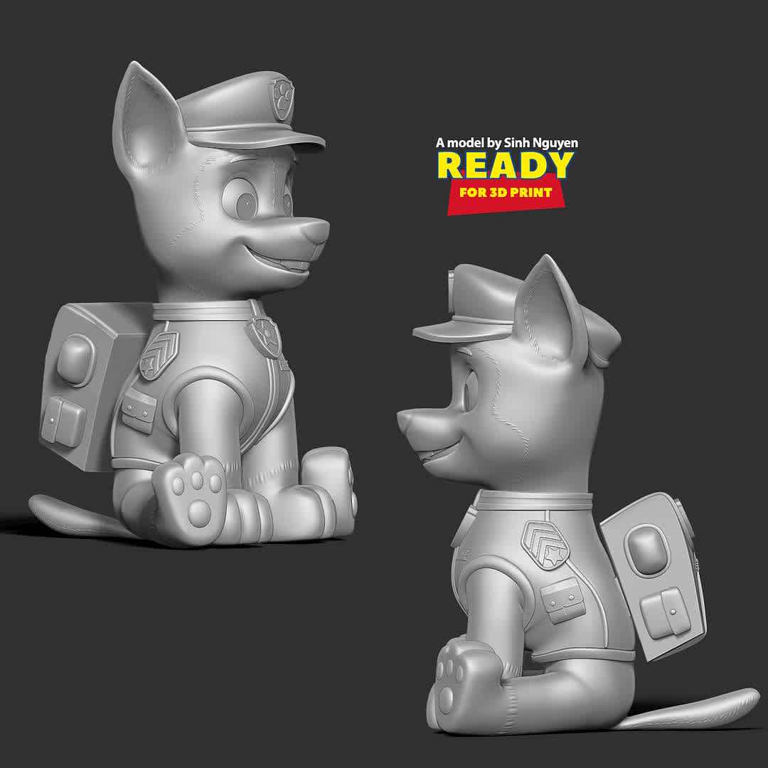 Chase - Paw Patrol Fanart  - "Chase is one of the seven main protagonists in the PAW Patrol series."

Basic parameters:

- STL format for 3D printing with 03 discrete objects
- Model height: 15cm
- Version 1.0: Polygons: 1349094 & Vertices: 695138

Model ready for 3D printing.

Please vote positively for me if you find this model useful. - Los mejores archivos para impresión 3D del mundo. Modelos Stl divididos en partes para facilitar la impresión 3D. Todo tipo de personajes, decoración, cosplay, prótesis, piezas. Calidad en impresión 3D. Modelos 3D asequibles. Bajo costo. Compras colectivas de archivos 3D.