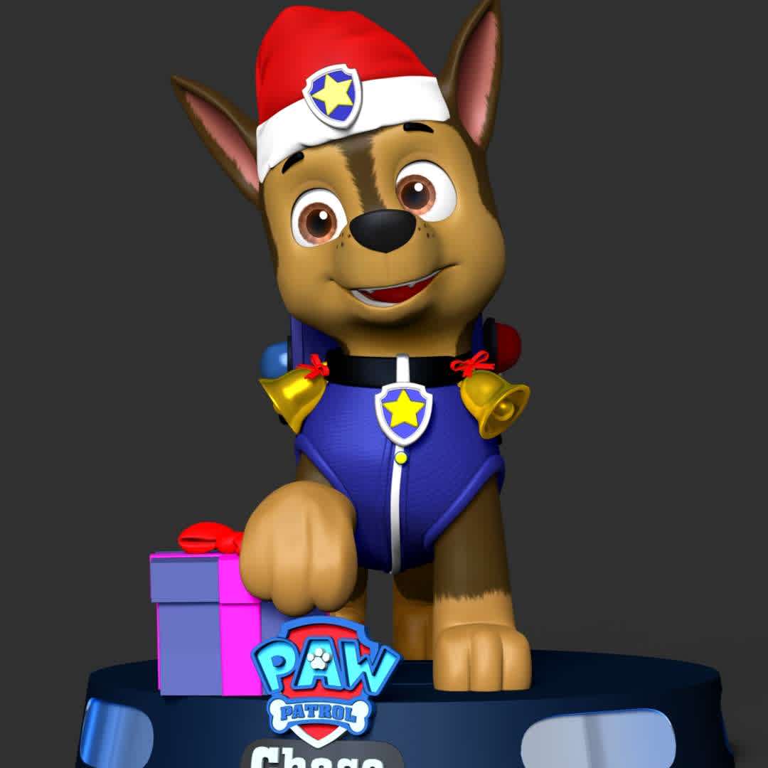 Chase Paw Patrol - Merry Christmas - Merry Christmas with Paw Patrol team

These information of this model:

 - Files format: STL, OBJ (included 04 separated files is ready for 3D printing). 
 - Zbrush original file (ZTL) for you to customize as you like.
 - The height is 20 cm
 - The version 1.0. 

The model ready for 3D printing.
Hope you like him.
Don't hesitate to contact me if there are any problems during printing the model - The best files for 3D printing in the world. Stl models divided into parts to facilitate 3D printing. All kinds of characters, decoration, cosplay, prosthetics, pieces. Quality in 3D printing. Affordable 3D models. Low cost. Collective purchases of 3D files.