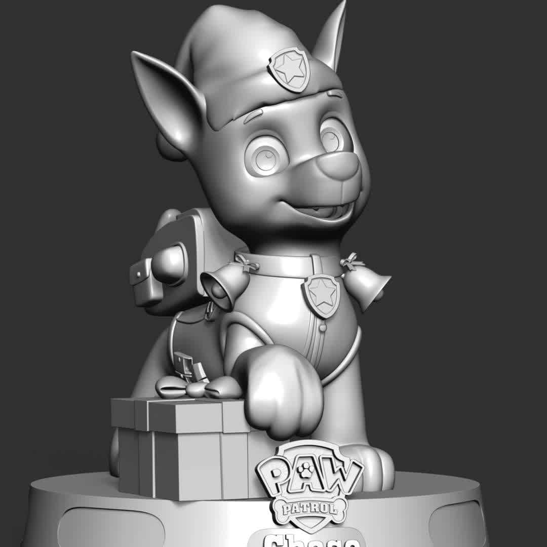 Chase Paw Patrol - Merry Christmas - Merry Christmas with Paw Patrol team

These information of this model:

 - Files format: STL, OBJ (included 04 separated files is ready for 3D printing). 
 - Zbrush original file (ZTL) for you to customize as you like.
 - The height is 20 cm
 - The version 1.0. 

The model ready for 3D printing.
Hope you like him.
Don't hesitate to contact me if there are any problems during printing the model - Los mejores archivos para impresión 3D del mundo. Modelos Stl divididos en partes para facilitar la impresión 3D. Todo tipo de personajes, decoración, cosplay, prótesis, piezas. Calidad en impresión 3D. Modelos 3D asequibles. Bajo costo. Compras colectivas de archivos 3D.