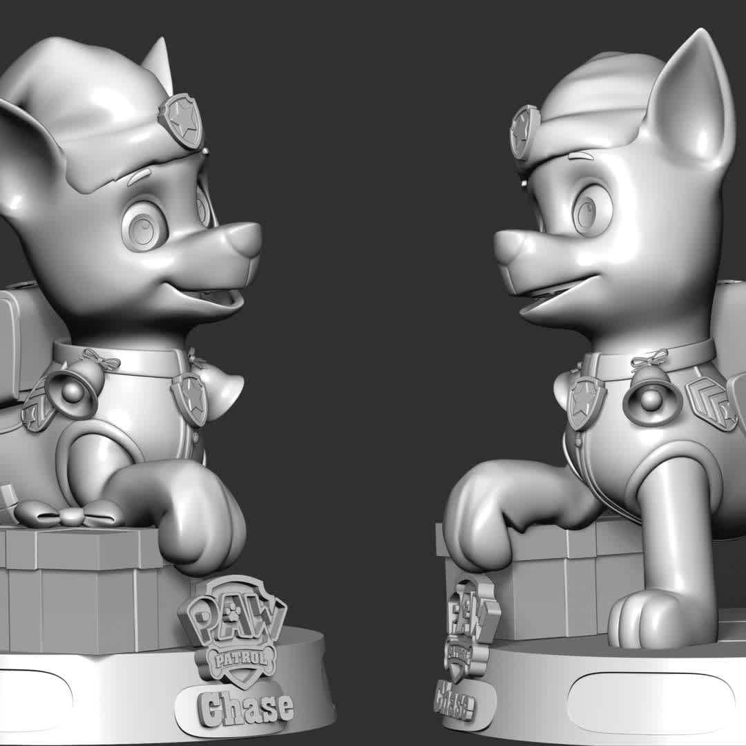 Chase Paw Patrol - Merry Christmas - Merry Christmas with Paw Patrol team

These information of this model:

 - Files format: STL, OBJ (included 04 separated files is ready for 3D printing). 
 - Zbrush original file (ZTL) for you to customize as you like.
 - The height is 20 cm
 - The version 1.0. 

The model ready for 3D printing.
Hope you like him.
Don't hesitate to contact me if there are any problems during printing the model - Os melhores arquivos para impressão 3D do mundo. Modelos stl divididos em partes para facilitar a impressão 3D. Todos os tipos de personagens, decoração, cosplay, próteses, peças. Qualidade na impressão 3D. Modelos 3D com preço acessível. Baixo custo. Compras coletivas de arquivos 3D.