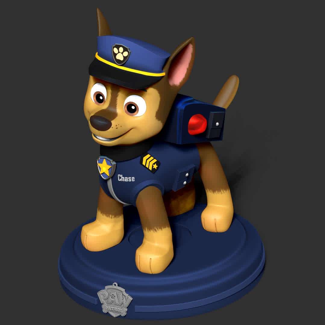 Chase - Paw Patrol The Movie - This August we will see the Paw Patrol dogs again at the cinemas.

When you purchase this model, you will own:

- STL, OBJ file with 06 separated files (with key to connect together) is ready for 3D printing.

- Zbrush original files (ZTL) for you to customize as you like.

This is version 1.0 of this model.

Hope you like him. Thanks for viewing! - The best files for 3D printing in the world. Stl models divided into parts to facilitate 3D printing. All kinds of characters, decoration, cosplay, prosthetics, pieces. Quality in 3D printing. Affordable 3D models. Low cost. Collective purchases of 3D files.